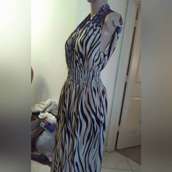 VINTAGE MAXI DRESS CINCH WAIST ANIMAL PRINT (TAN BLUE BLACK) PTP 19 TONS STRETCH - Picture 6 of 10